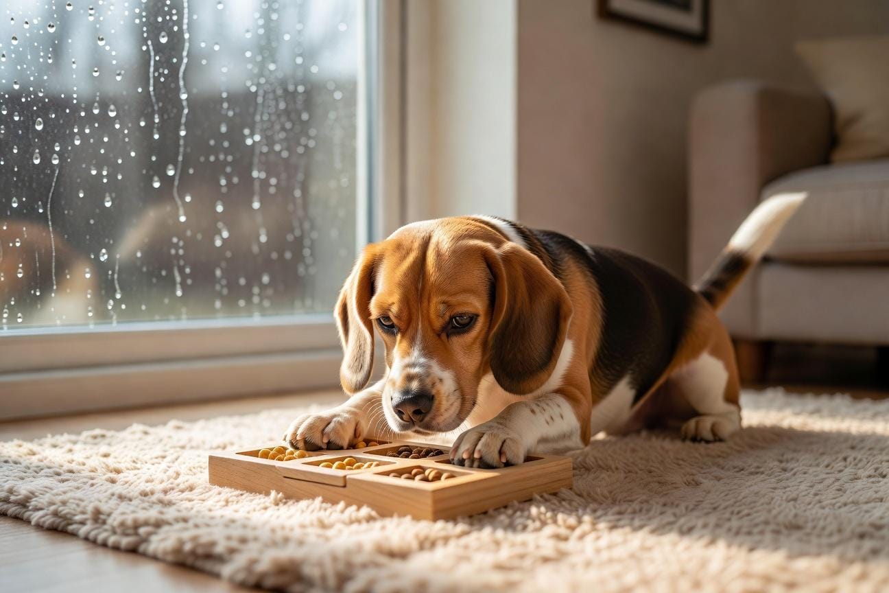 Najlepsze zabawy w domu dla beagle w niepogodę